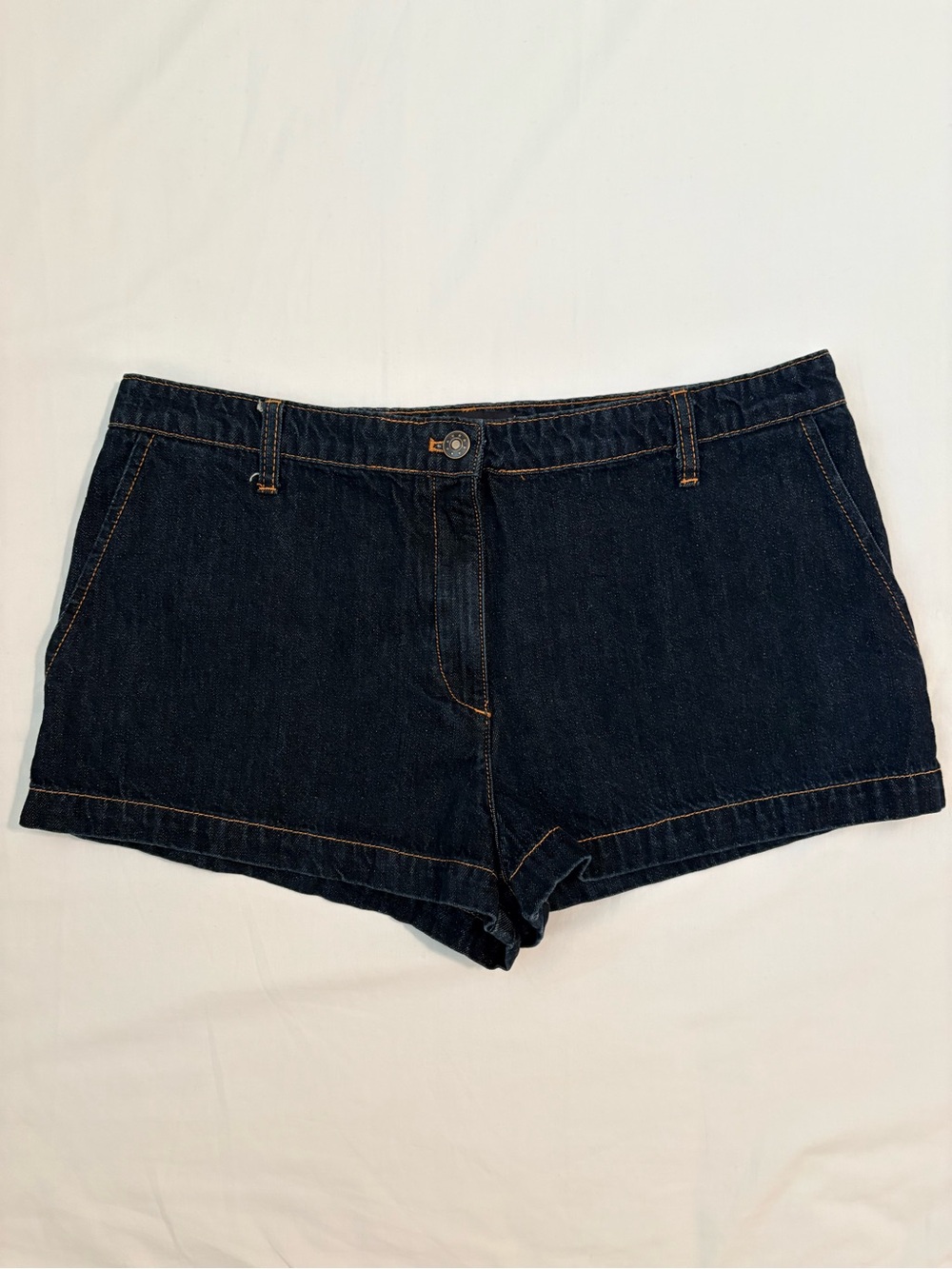LIONESS Dark Wash Denim Mini Shorts Trouser Pockets Yellow Contrast Stitch Large